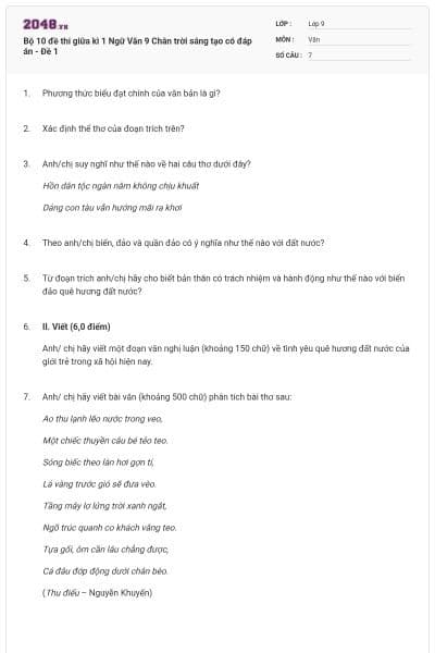 Bộ 10 đề thi giữa kì 1 Ngữ Văn 9 Chân trời sáng tạo có đáp án - Đề 1