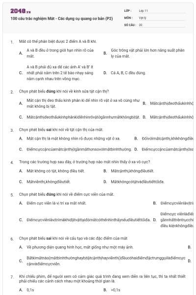 100 câu trắc nghiệm Mắt - Các dụng cụ quang cơ bản (P2)