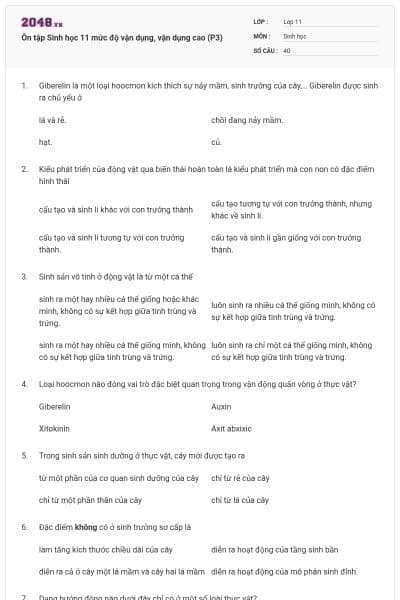 Ôn tập Sinh học 11 mức độ vận dụng, vận dụng cao (P3)