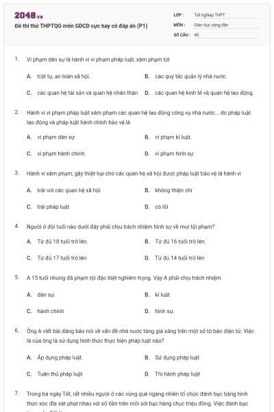 Đề thi thử THPTQG môn GDCD cực hay có đáp án (P1)