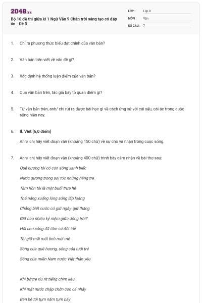 Bộ 10 đề thi giữa kì 1 Ngữ Văn 9 Chân trời sáng tạo có đáp án - Đề 3