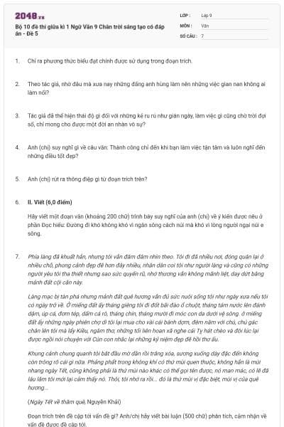 Bộ 10 đề thi giữa kì 1 Ngữ Văn 9 Chân trời sáng tạo có đáp án - Đề 5