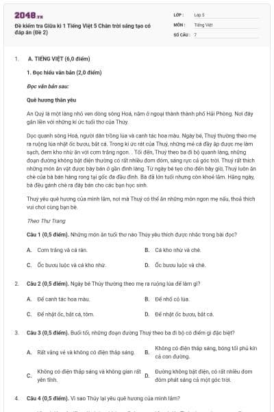 Đề kiểm tra Giữa kì 1 Tiếng Việt 5 Chân trời sáng tạo có đáp án (Đề 2)