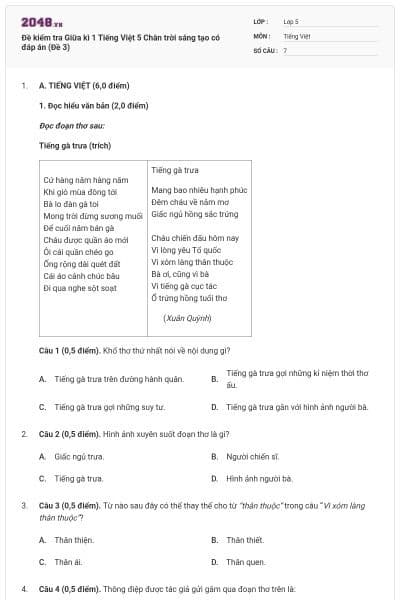 Đề kiểm tra Giữa kì 1 Tiếng Việt 5 Chân trời sáng tạo có đáp án (Đề 3)