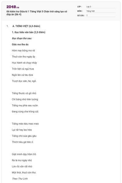 Đề kiểm tra Giữa kì 1 Tiếng Việt 5 Chân trời sáng tạo có đáp án (Đề 4)