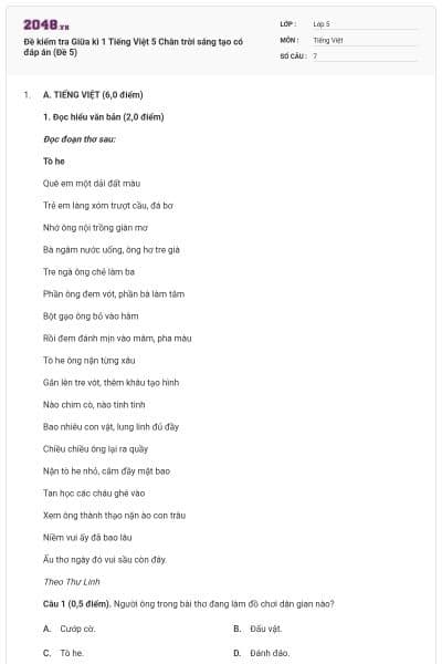 Đề kiểm tra Giữa kì 1 Tiếng Việt 5 Chân trời sáng tạo có đáp án (Đề 5)