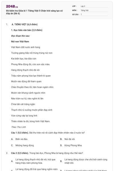 Đề kiểm tra Giữa kì 1 Tiếng Việt 5 Chân trời sáng tạo có đáp án (Đề 6)