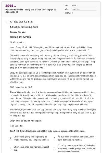 Đề kiểm tra Giữa kì 1 Tiếng Việt 5 Chân trời sáng tạo có đáp án (Đề 8)