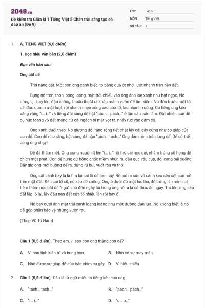 Đề kiểm tra Giữa kì 1 Tiếng Việt 5 Chân trời sáng tạo có đáp án (Đề 9)