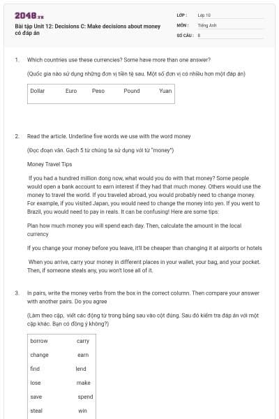 Bài tập Unit 12: Decisions C: Make decisions about money có đáp án