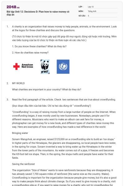 Bài tập Unit 12: Decisions D: Plan how to raise money có đáp án