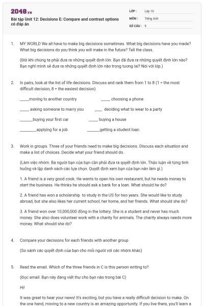 Bài tập Unit 12: Decisions E: Compare and contrast options có đáp án