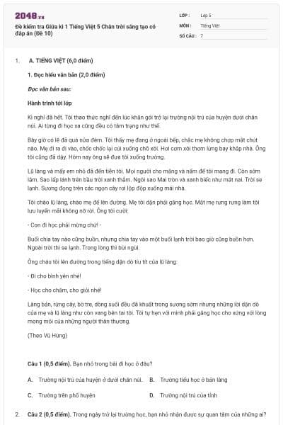 Đề kiểm tra Giữa kì 1 Tiếng Việt 5 Chân trời sáng tạo có đáp án (Đề 10)