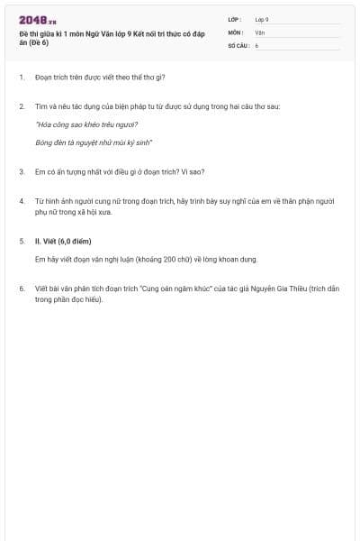 Đề thi giữa kì 1 môn Ngữ Văn lớp 9 Kết nối tri thức có đáp án (Đề 6)