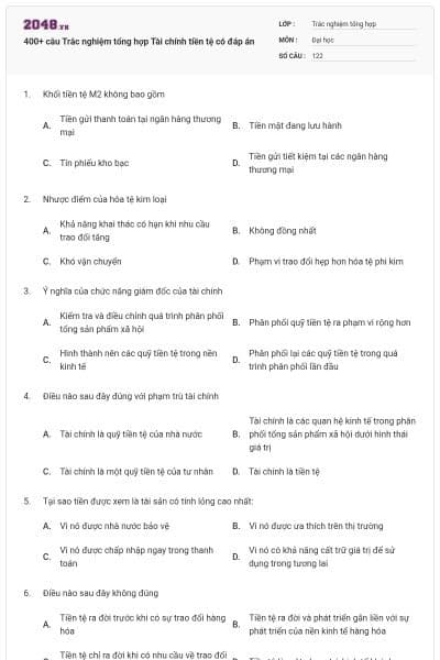 400+ câu Trắc nghiệm tổng hợp Tài chính tiền tệ có đáp án