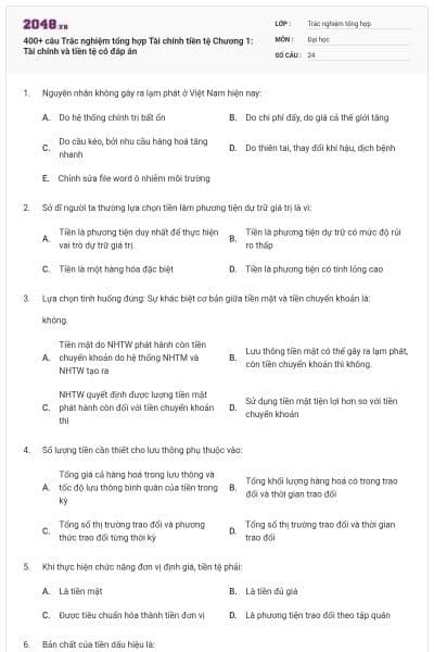 400+ câu Trắc nghiệm tổng hợp Tài chính tiền tệ Chương 1: Tài chính và tiền tệ có đáp án