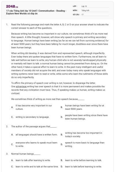 17 câu Tiếng Anh lớp 10 Unit7: Commutication - Reading - Explore New Worlds có đáp án