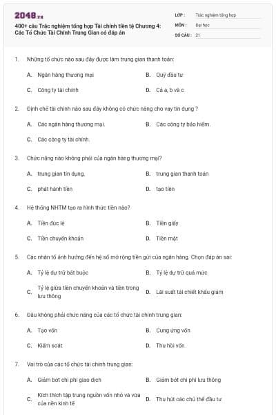 400+ câu Trắc nghiệm tổng hợp Tài chính tiền tệ Chương 4: Các Tổ Chức Tài Chính Trung Gian có đáp án