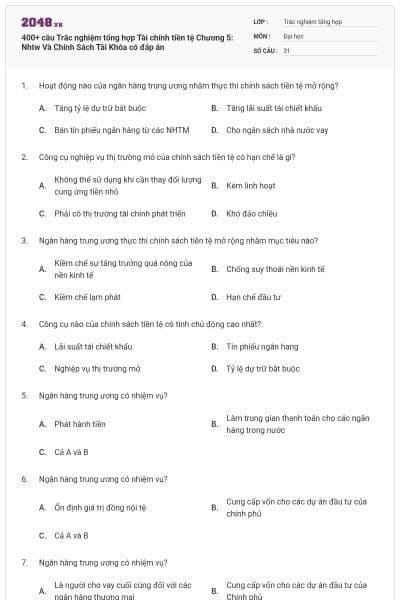400+ câu Trắc nghiệm tổng hợp Tài chính tiền tệ Chương 5: Nhtw Và Chính Sách Tài Khóa có đáp án