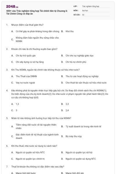 400+ câu Trắc nghiệm tổng hợp Tài chính tiền tệ Chương 6: Tài Chính Công có đáp án
