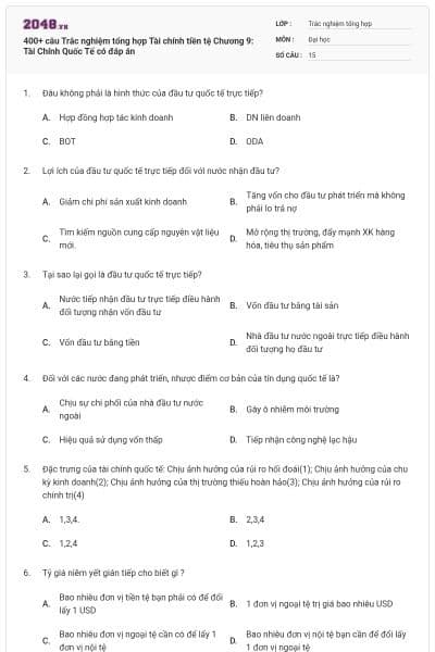 400+ câu Trắc nghiệm tổng hợp Tài chính tiền tệ Chương 9: Tài Chính Quốc Tế có đáp án