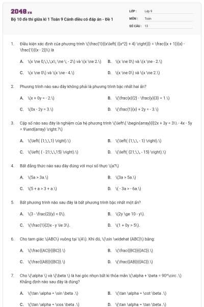 Bộ 10 đề thi giữa kì 1 Toán 9 Cánh diều có đáp án - Đề 1