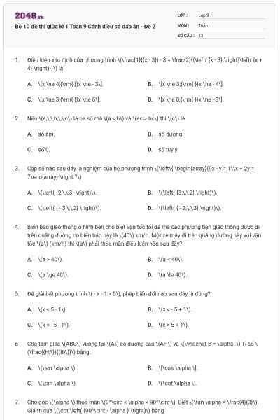 Bộ 10 đề thi giữa kì 1 Toán 9 Cánh diều có đáp án - Đề 2