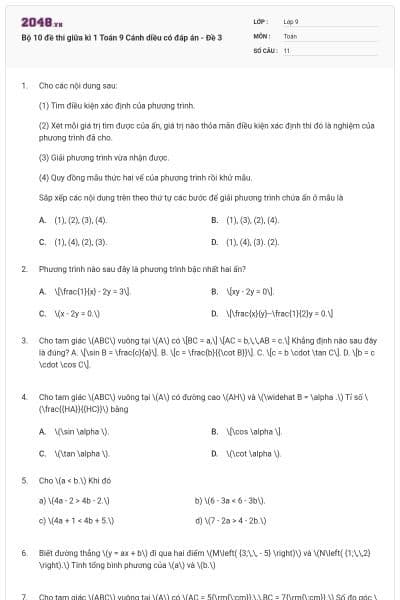 Bộ 10 đề thi giữa kì 1 Toán 9 Cánh diều có đáp án - Đề 3