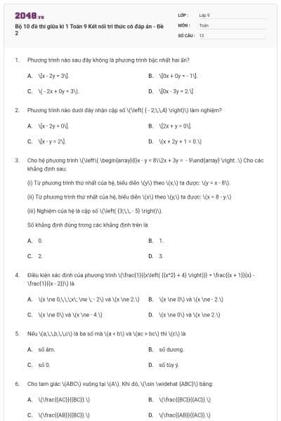 Bộ 10 đề thi giữa kì 1 Toán 9 Kết nối tri thức có đáp án - Đề 2