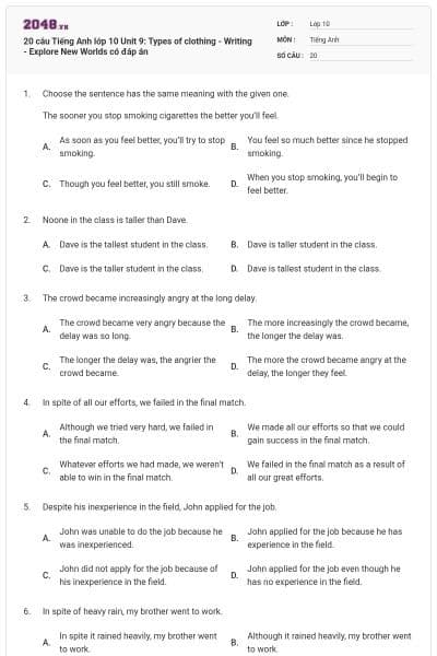 20 câu Tiếng Anh lớp 10 Unit 9: Types of clothing - Writing - Explore New Worlds có đáp án