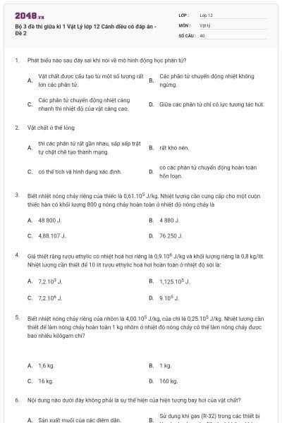 Bộ 3 đề thi giữa kì 1 Vật Lý lớp 12 Cánh diều có đáp án - Đề 2