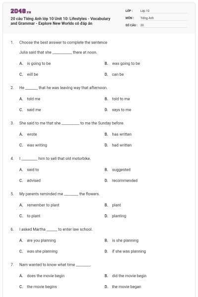 20 câu Tiếng Anh lớp 10 Unit 10: Lifestyles - Vocabulary and Grammar - Explore New Worlds có đáp án