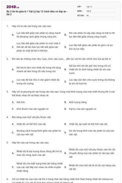 Bộ 3 đề thi giữa kì 1 Vật Lý lớp 12 Cánh diều có đáp án - Đề 3
