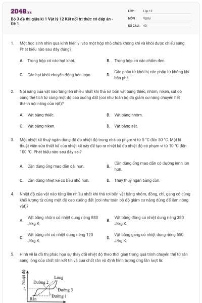 Bộ 3 đề thi giữa kì 1 Vật lý 12 Kết nối tri thức có đáp án - Đề 1