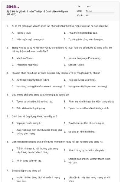 Bộ 3 Đề thi giữa kì 1 môn Tin lớp 12 Cánh diều có đáp án (Đề số 1)
