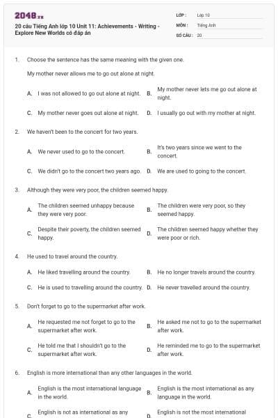 20 câu Tiếng Anh lớp 10 Unit 11: Achievements - Writing - Explore New Worlds có đáp án