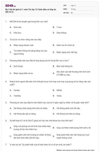 Bộ 3 Đề thi giữa kì 1 môn Tin lớp 12 Cánh diều có đáp án (Đề số 2)