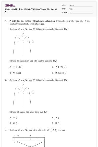 Đề thi giữa kì 1 Toán 12 Chân Trời Sáng Tạo có đáp án - Đề 07