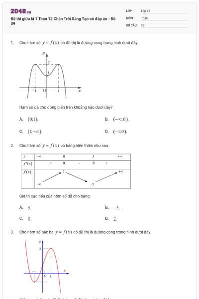 Đề thi giữa kì 1 Toán 12 Chân Trời Sáng Tạo có đáp án - Đề 09