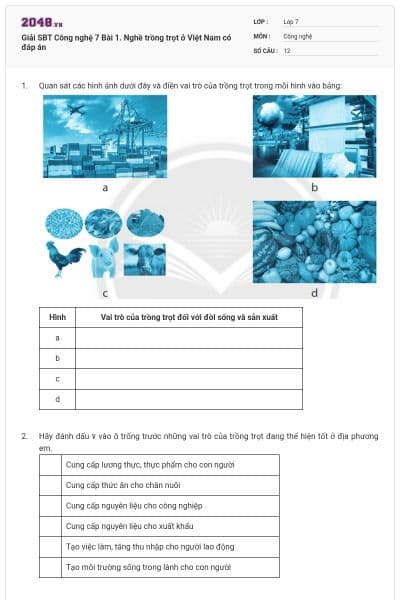 Giải SBT Công nghệ 7 Bài 1. Nghề trồng trọt ở Việt Nam có đáp án