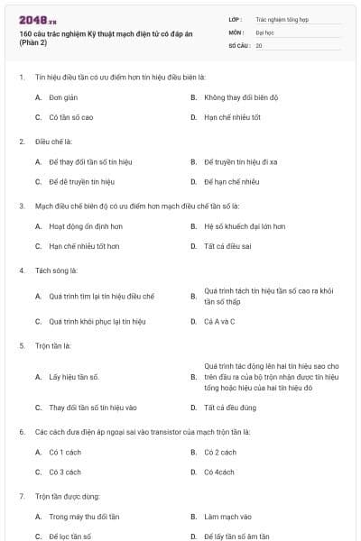 160 câu trắc nghiệm Kỹ thuật mạch điện tử có đáp án (Phần 2)