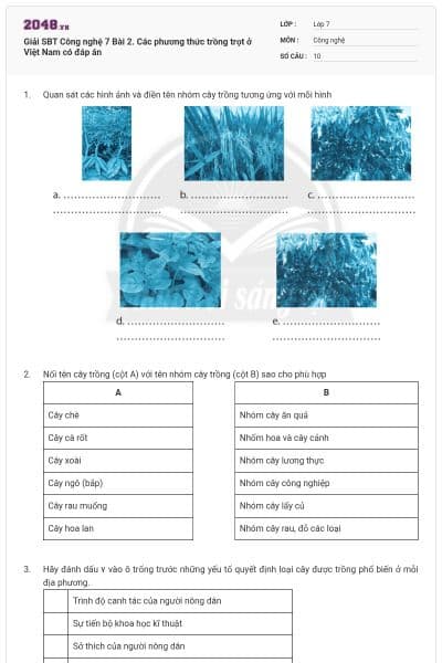 Giải SBT Công nghệ 7 Bài 2. Các phương thức trồng trọt ở Việt Nam có đáp án