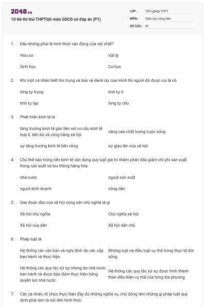 10 Đề thi thử THPTQG môn GDCD có đáp án (P1)