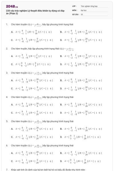 220 câu trắc nghiệm Lý thuyết điều khiển tự động có đáp án (Phần 3)