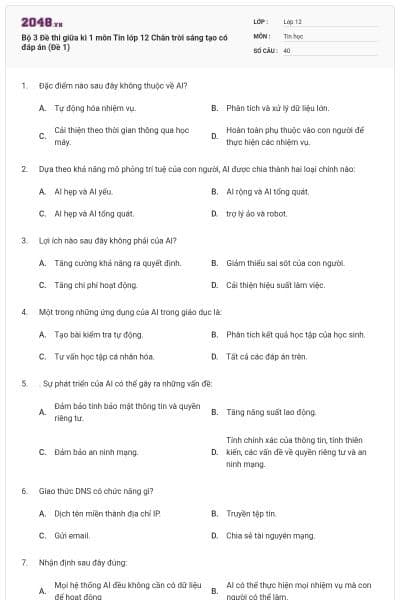 Bộ 3 Đề thi giữa kì 1 môn Tin lớp 12 Chân trời sáng tạo có đáp án (Đề 1)