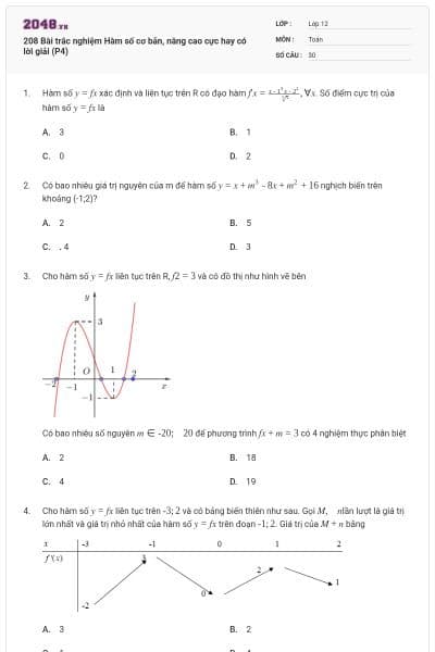 208 Bài trắc nghiệm Hàm số cơ bản, nâng cao cực hay có lời giải (P4)