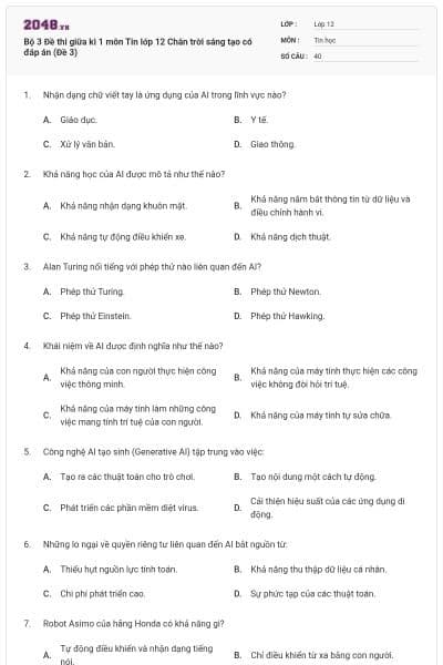 Bộ 3 Đề thi giữa kì 1 môn Tin lớp 12 Chân trời sáng tạo có đáp án (Đề 3)