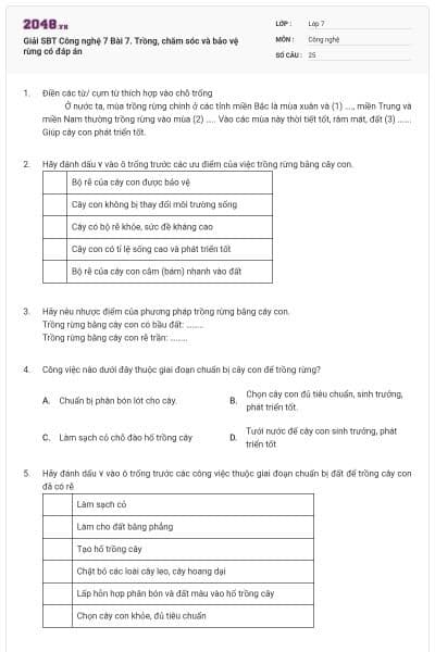 Giải SBT Công nghệ 7 Bài 7. Trồng, chăm sóc và bảo vệ rừng có đáp án