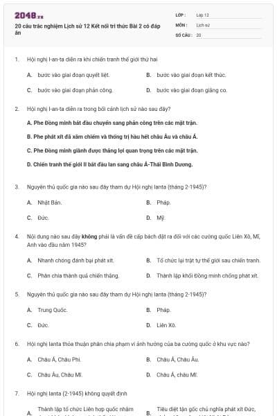20 câu trắc nghiệm Lịch sử 12 Kết nối tri thức Bài 2 có đáp án
