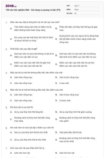 100 câu trắc nghiệm Mắt - Các dụng cụ quang cơ bản (P3)